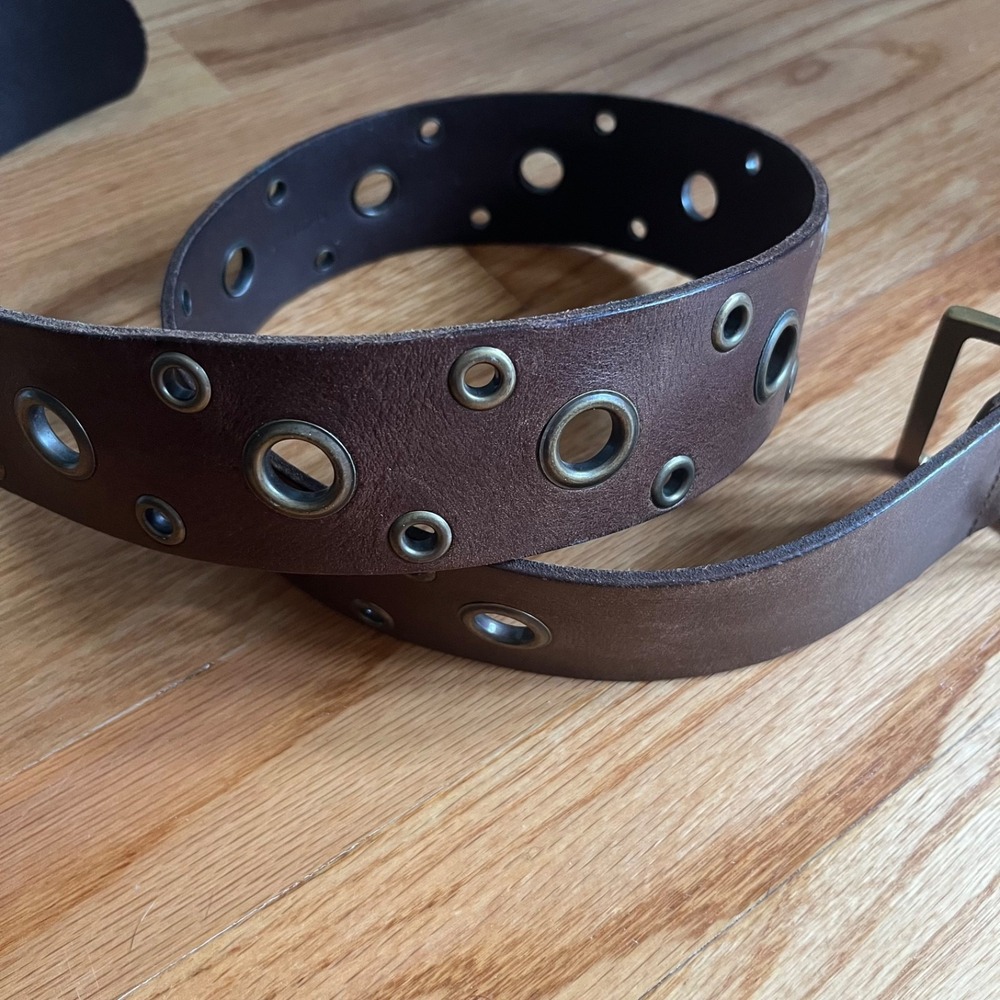 Banana Republic Brown Leather Belt L Brass Grommet Wide Boho Y2K Indie Sleaze - Picture 3 of 7